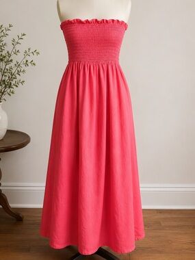 Sleeper Strapless Smocked Coral-Pink Maxi Dress